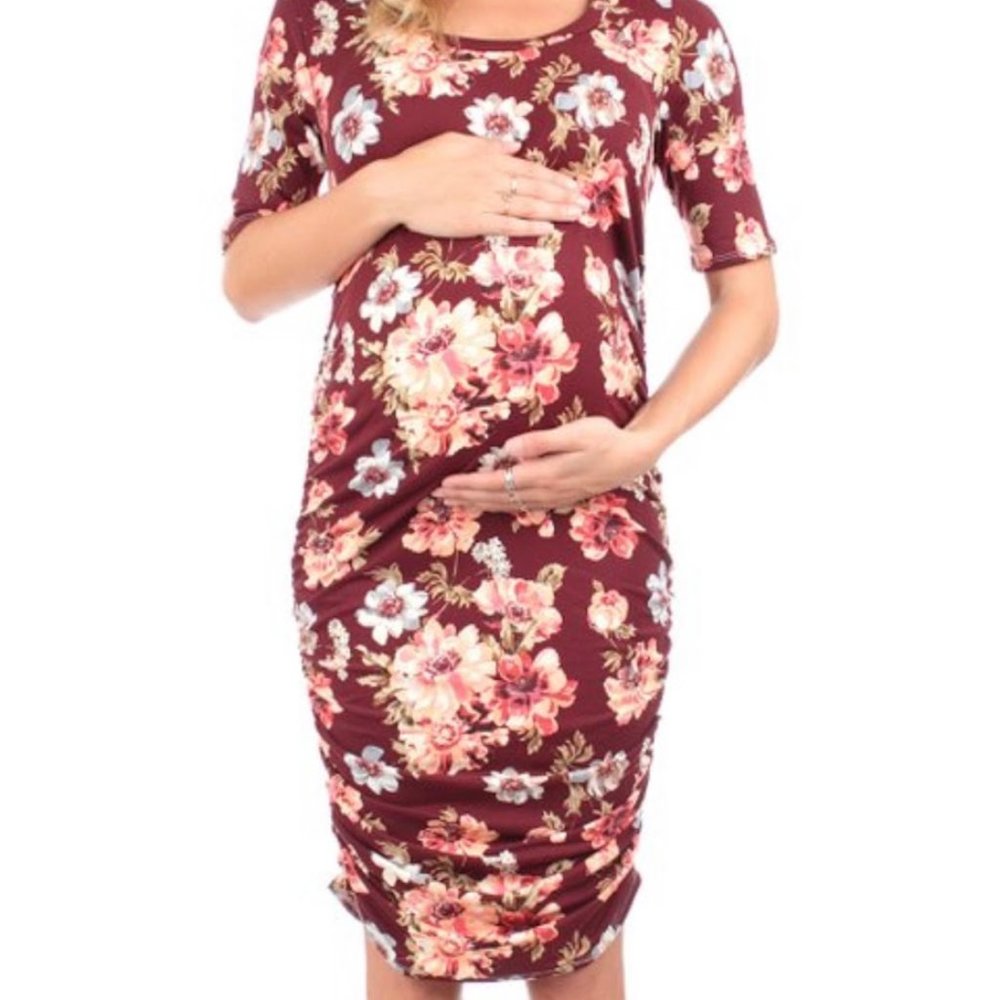 Mother Bee Burgundy & Sage Floral Ruched Maternity Dress, Medium